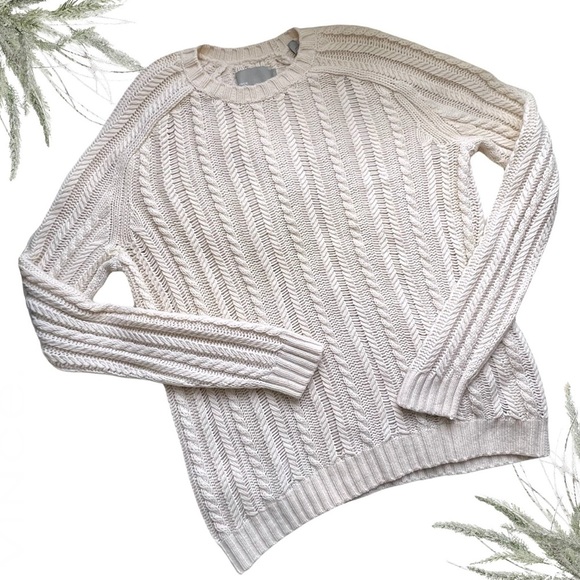 VINCE Wool Cashmere Chunky Cable Knit Sweater Cream Large L Unisex - Picture 3 of 14